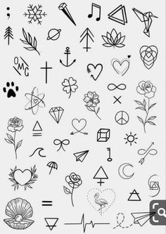 an image of various tattoos and symbols on a white background with the word love written in yellow