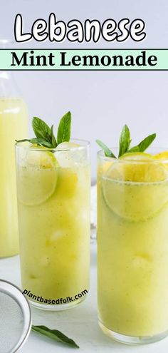 two glasses of lebanese mint lemonade Lebanese Mint Lemonade, Mint Basil Lemonade, Mint Beverage Recipes, Lemon And Mint Drink, Mint Lemonade Recipe Homemade, Egyptian Mint Lemonade, Lemon And Mint Juice, Lime Recipes Drink, Mint Recipes Drink