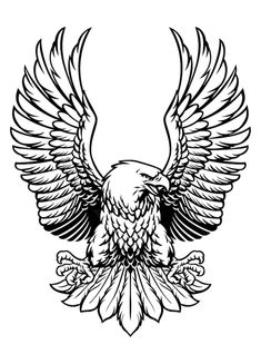 an eagle with wings and flowers in black and white