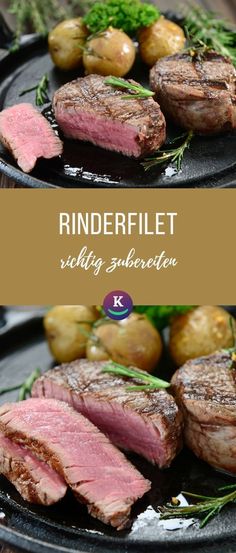 two pictures of steaks and potatoes on a plate with the words rinderflet