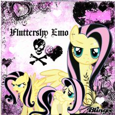 two little ponys that are next to each other on a pink and black background