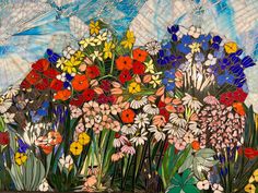 a painting of colorful flowers in front of a blue sky