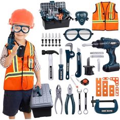 a young boy wearing safety gear and holding a tool set in front of him with tools