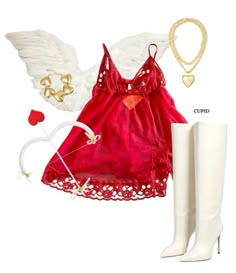 a red dress and white boots with angel wings