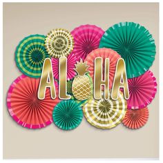 colorful paper fans with the word aloha on them