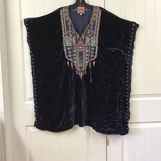 Can Be Worn As A Dress With Boots! I Am 5’5 And Hit Me At My Knees.. 39 Inches Long Can Be Worn As A Tunic With Leggings.Says Size Small But Fit Me Perfectly And I Am A Medium/ Large.Like New! Embroidered Tunic Dress, Velvet Clothes, Embroidered Tunic, Large Dress, Johnny Was, Blue Velvet, Tunic Dress, Dress With Boots, Like New