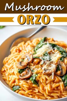 mushroom orzo with spinach and cheese in a white bowl on top of a table