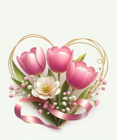 a bouquet of pink tulips and white flowers in a heart - shaped frame