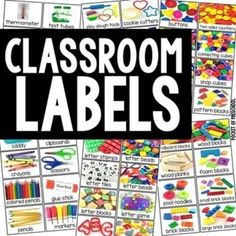 classroom labels with different types of school supplies and colors on them, including scissors, pencils, crayons, etc