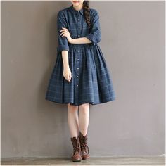 Flare Dress Casual, Long Sleeve Plaid Dress, Long Sleeve Cotton Tops, Blue Cotton Dress, Grunge Vintage, Autumn Casual