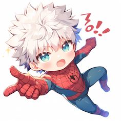 an anime character with white hair and blue eyes is flying through the air while wearing a spider - man costume