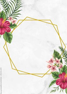 a white marble background with pink flowers and green leaves in the center, along with a gold hexagon frame