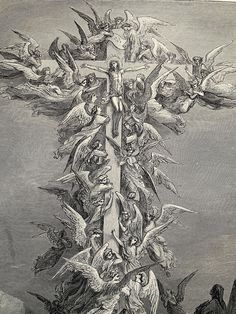 the cross is surrounded by many angels and demon like creatures in this engraving from an old book