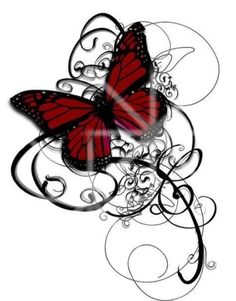 a red and black butterfly with swirls on it's wings, flying through the air