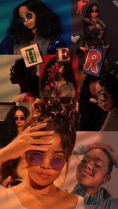 a collage of photos with different people in the background and one woman holding her head