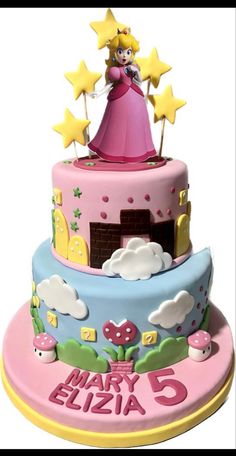 a pink and blue birthday cake with stars on top