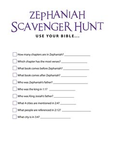 FREE Zephaniah Bible Scavenger Hunt - Children's Ministry Deals Bible Scavenger Hunt, Bible Marriage, Bible Games For Kids, Homeschool Adventures, Bible Study Activities, Childrens Ministry Curriculum, Kids Sunday School Lessons, Children Church, Bible Quiz