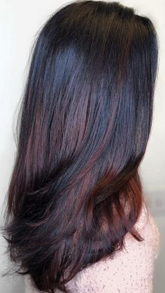 Mahogany-Brown-Highlights-on-Long-Hair Natural Highlights For Indian Hair, Balayage On Black Straight Hair, Hair Colour Streak Ideas Indian, Simple Hair Highlights For Black Hair, Colours Hair Ideas, Hair Colour On Tips Of Hair, Short Hair Highlights For Black Hair, Dyed Ends Straight Hair