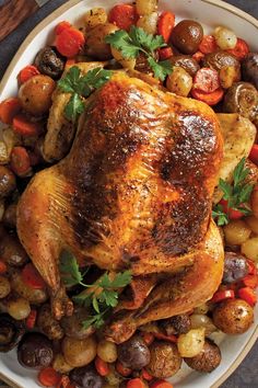 Whole roast chicken atop potatoes and root vegetables Recipes With Herbs De Provence, Recipes With Herbs, Roasted Chicken Recipe, French Roast, Roast Chicken Recipes, Herbs De Provence, Garlic Head, Citrus Chicken, Oven Cooking