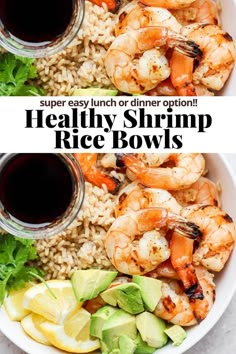 healthy shrimp rice bowls with avocado and lemon wedges