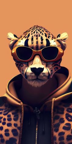 a cheetah wearing sunglasses and a hoodie with an animal print on it