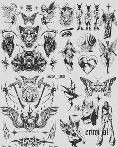 an assortment of tattoo designs on a white background, including angel and demon symbols in black ink