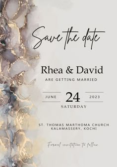 the save the date card is printed on top of an envelope with gold foil and black ink