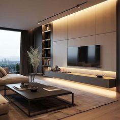 a living room with couches, tables and a television on the wall in front of a large window