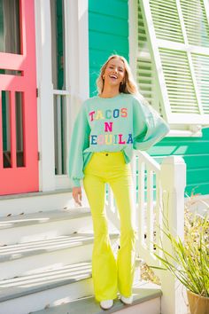 Tacos N Tequila Pullover - Our “Tacos N Tequila Pullover” is our motto for any night of the week! Pair it with our flare lolita pants like we did! Product Details: Soft and lightweight material Rounded neckline Mint color Sewn on lettering and patch Hand wash only True to size Model is 5’8 and is wearing a size small. This is a made-to-order item. Custom orders take longer to fulfill than regular items. Please allow extra time for your custom order to be processed, as each item is handmade with Tacos And Tequila, Denim And Diamonds, Pinterest Closet, Mint Color, Rounded Neckline, Custom Orders, Orange Color, Round Neckline, Tacos