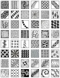 a black and white pattern with many different designs on it, including squares, lines, circles