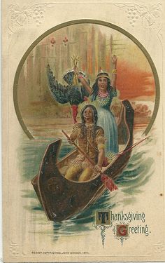 an old thanksgiving card with two women in a boat