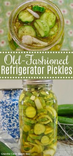 an old fashioned refrigerator pickles in a mason jar with cucumbers