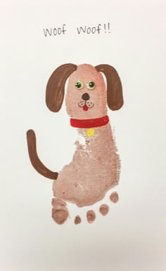 a drawing of a dog with the words woof woof on it