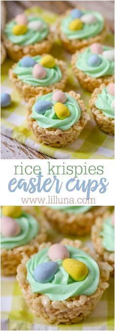 rice krispies easter cups with green frosting and colorful eggs in the nests