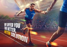 a man is running on a track in front of an audience with the words, we offer you the better, better solution