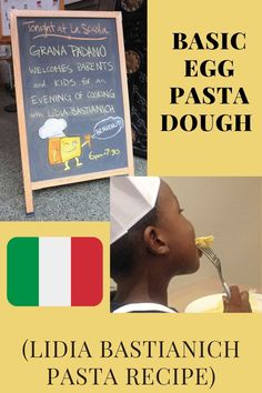 an italian poster with the words basic egg pasta dough and a child in chef's hat