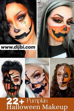 Diy Pumpkin Makeup, Easy Pumpkin Face Makeup, Halloween Pumpkin Makeup Easy Diy, Pumpkin Themed Makeup, Scary Pumpkin Face Makeup, Womens Pumpkin Makeup, Pumkin Makeup Cute, Halloween Pumpkin Makeup Looks, Easy Halloween Pumpkin Makeup