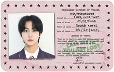 an id card for a young man with stars on the border and pink paper background