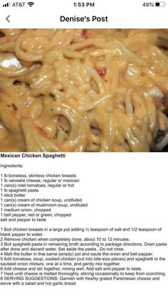 the recipe for mexican chicken spaghetti is shown on an iphone screen, and it appears to be in english