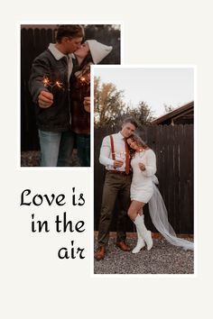 a man and woman standing next to each other in front of a fence with the caption love is in the air