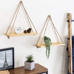 Set of 2, 17-inch Natural Unfinished Wood Wall Hanging Shelves, Rope Swing Shelving-MyGift Hanging Rope Shelves, Zimmer Diy, Wooden Floating Shelves, Wall Hanging Shelves, Wooden Wall Shelves, Rope Shelves, Fa Fal, Regal Design, Decorating Shelves