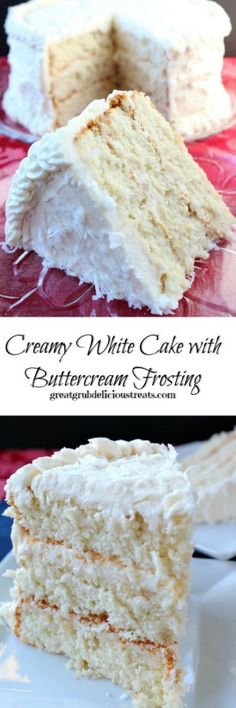 two pictures of white cake with buttercream frosting