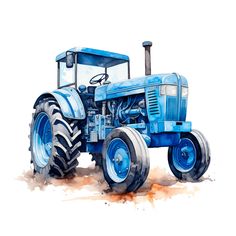 a blue tractor painted in watercolor on a white background, with the front wheels facing forward