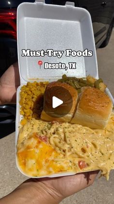 a person holding up a take out container with food in it and the words must try foods best?