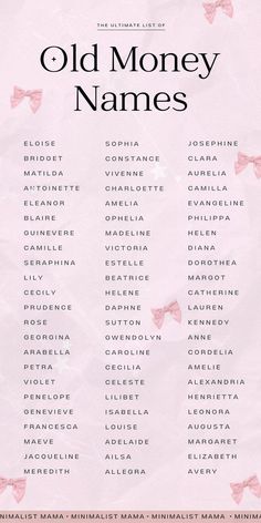 an old money names poster with pink bows