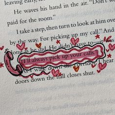 an open book with pink writing on it and hearts around the page in red ink