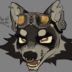 a drawing of a dog with goggles on it's head and an angry expression