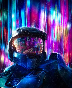 a man in a suit and helmet standing in the rain with colorful lights behind him