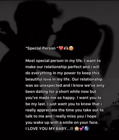 the silhouette of a man and woman with text that reads, special person in my life i want to make our relationship perfect and i will