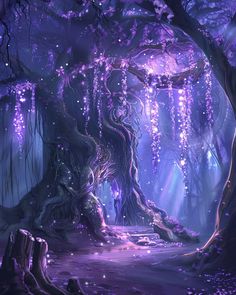 an image of a fantasy forest scene with trees and fairy lights in the night time